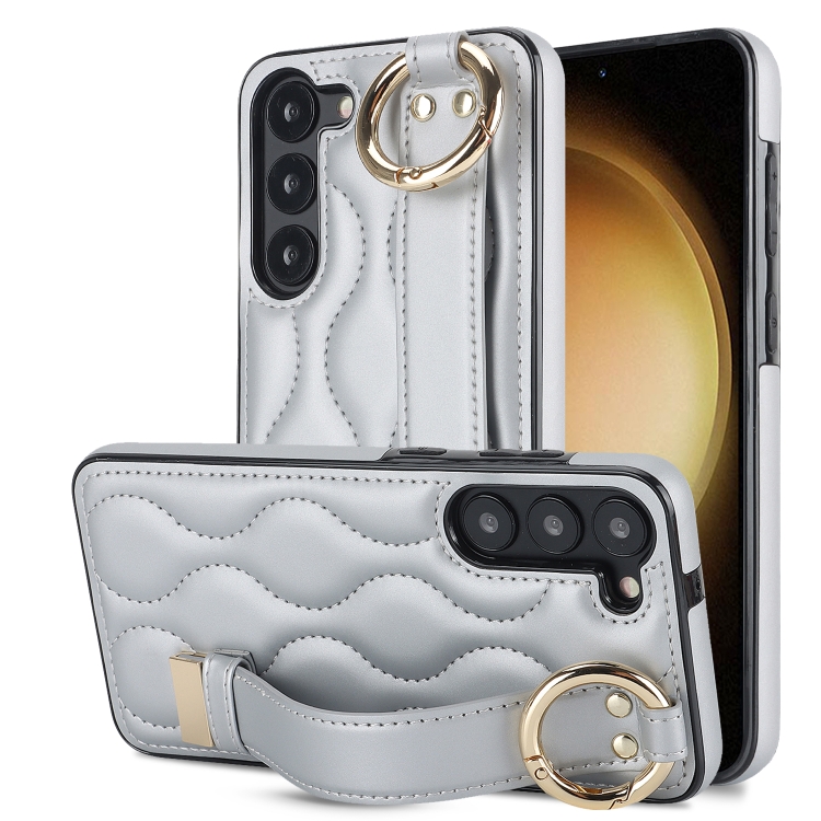 

For Samsung Galaxy S23+ Non-slip Full Coverage Ring PU Phone Case with Wristband(Silver)