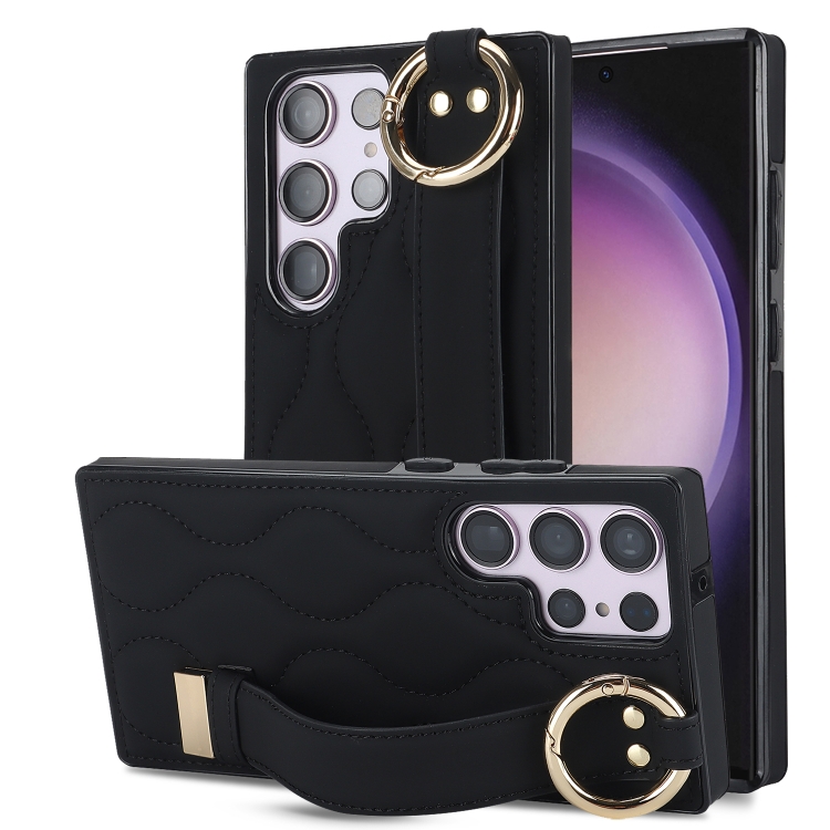 

For Samsung Galaxy S23 Ultra Non-slip Full Coverage Ring PU Phone Case with Wristband(Black)