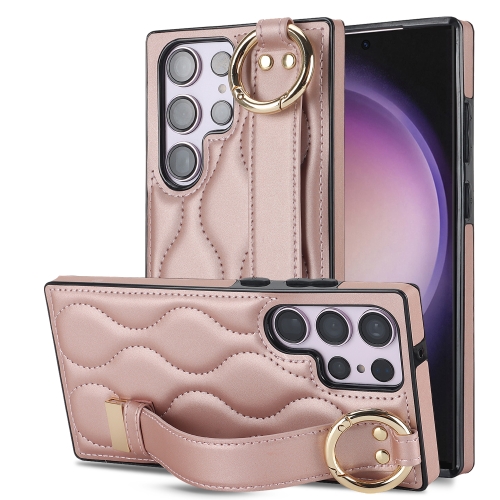 

For Samsung Galaxy S23 Ultra Non-slip Full Coverage Ring PU Phone Case with Wristband(Rose Gold)