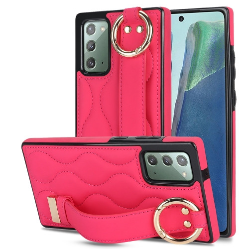 

For Samsung Galaxy Note20 Non-slip Full Coverage Ring PU Phone Case with Wristband(Rose Red)