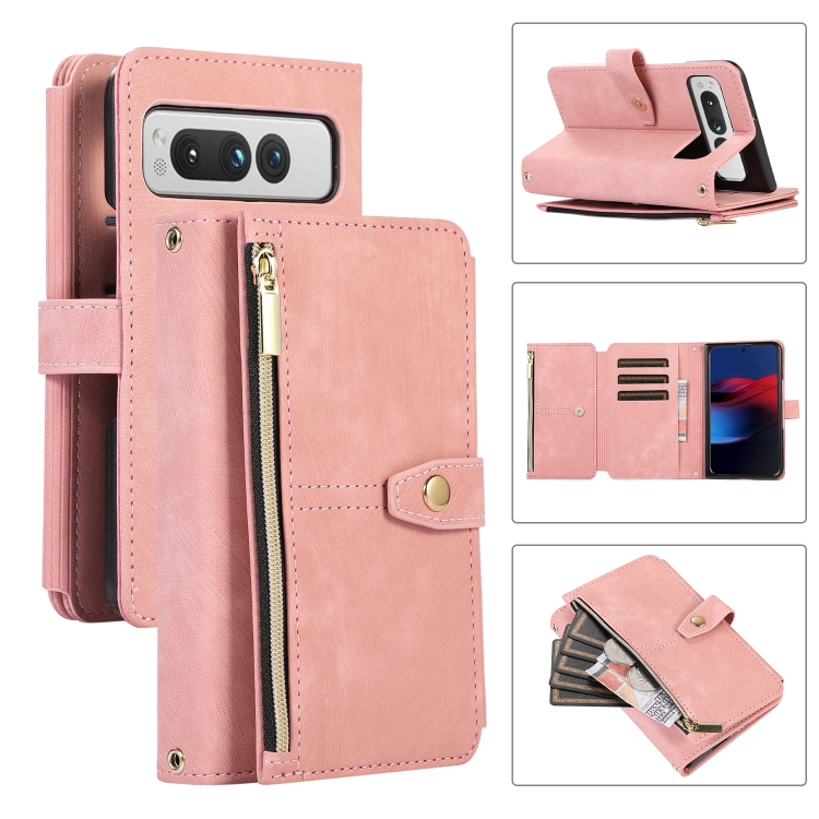 

For Google Pixel Fold Dream 9-Card Wallet Zipper Bag Leather Phone Case(Pink)