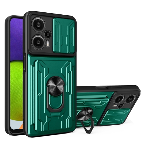 

For Xiaomi Redmi Note 12 Turbo/Poco F5 Sliding Camshield TPU+PC Phone Case with Card Slot(Dark Green)