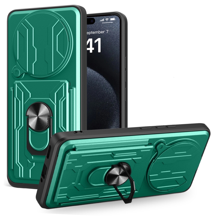 

For Redmi Note 14 Pro+ 5G Sliding Camshield TPU+PC Phone Case with Card Slot(Dark Green)