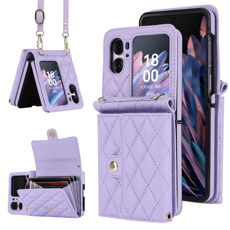 

For OPPO Find N2 Flip Rhombic Texture Card Bag PU Phone Case with Long Lanyard(Purple)