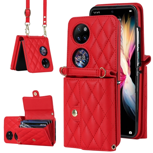 

For Huawei P50 Pocket Rhombic Texture Card Bag PU Phone Case with Long Lanyard(Red)