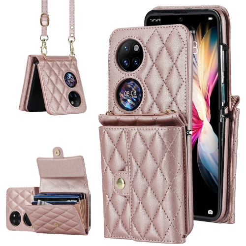 

For Huawei P50 Pocket Rhombic Texture Card Bag PU Phone Case with Long Lanyard(Rose Gold)