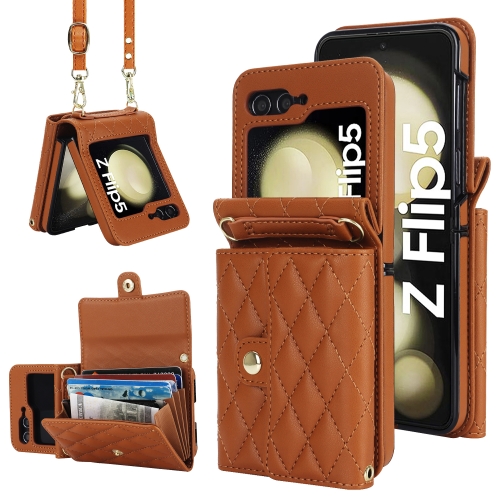 

For Samsung Galaxy Z Flip5 Rhombic Texture Card Bag PU Phone Case with Long Lanyard(Brown)