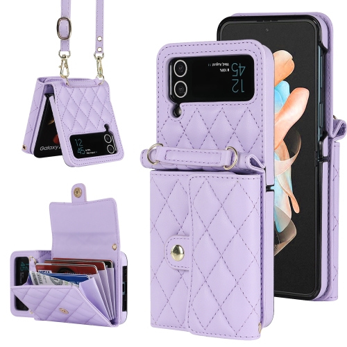 

For Samsung Galaxy Z Flip4 Rhombic Texture Card Bag PU Phone Case with Long Lanyard(Purple)