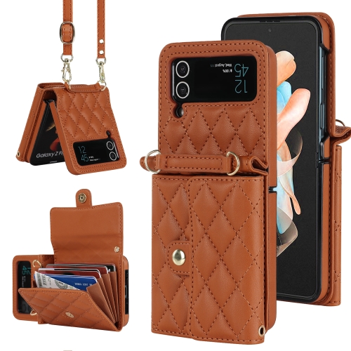 

For Samsung Galaxy Z Flip4 Rhombic Texture Card Bag PU Phone Case with Long Lanyard(Brown)