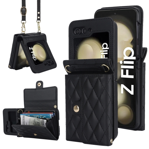 

For Samsung Galaxy Z Flip6 Rhombic Texture Card Bag PU Phone Case with Long Lanyard(Black)