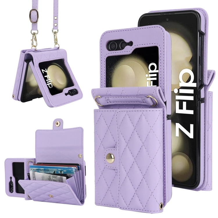 

For Samsung Galaxy Z Flip6 Rhombic Texture Card Bag PU Phone Case with Long Lanyard(Purple)