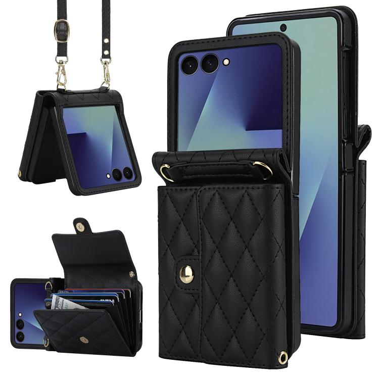 

For Samsung Galaxy Z Flip7 5G Rhombic Texture Card Bag PU Phone Case with Long Lanyard(Black)