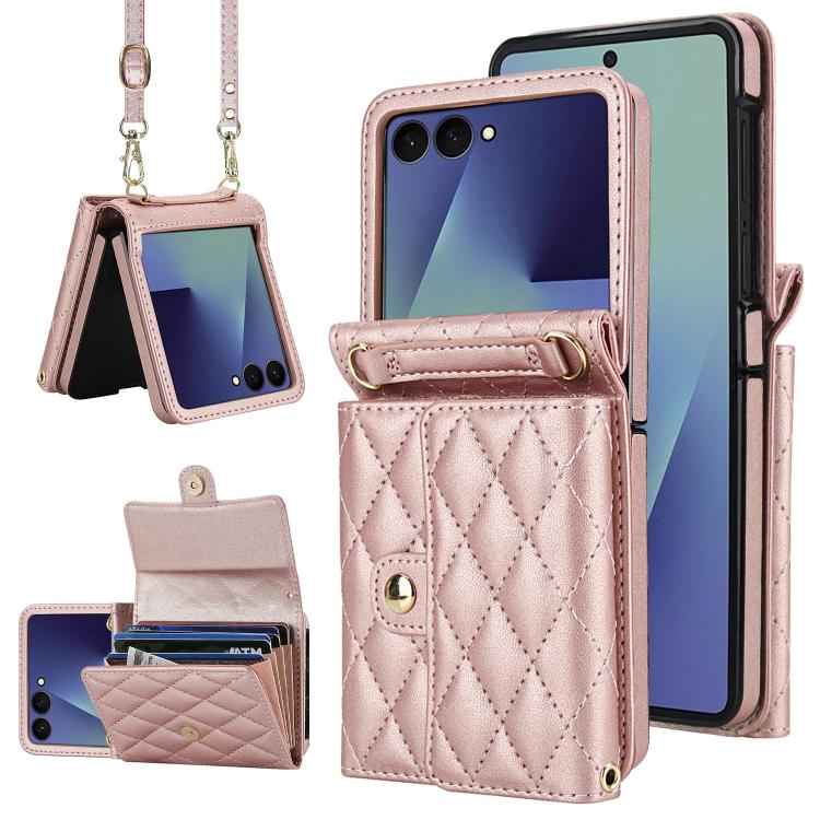 

For Samsung Galaxy Z Flip7 5G Rhombic Texture Card Bag PU Phone Case with Long Lanyard(Rose Gold)