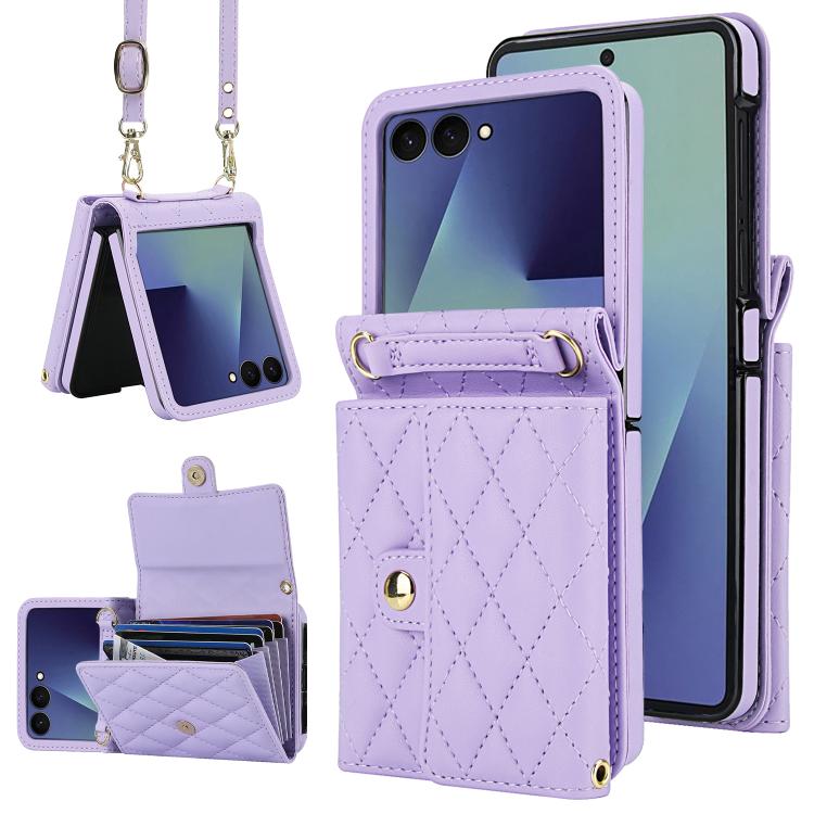 

For Samsung Galaxy Z Flip7 5G Rhombic Texture Card Bag PU Phone Case with Long Lanyard(Purple)