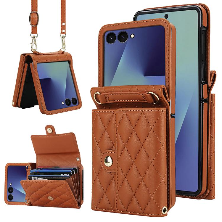 

For Samsung Galaxy Z Flip7 5G Rhombic Texture Card Bag PU Phone Case with Long Lanyard(Brown)