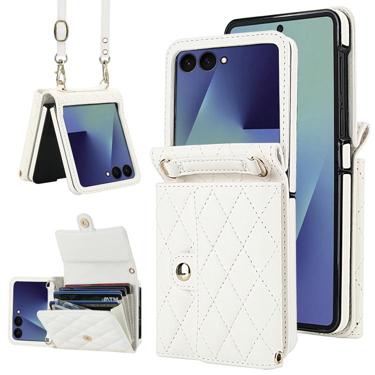 

For Samsung Galaxy Z Flip7 5G Rhombic Texture Card Bag PU Phone Case with Long Lanyard(White)