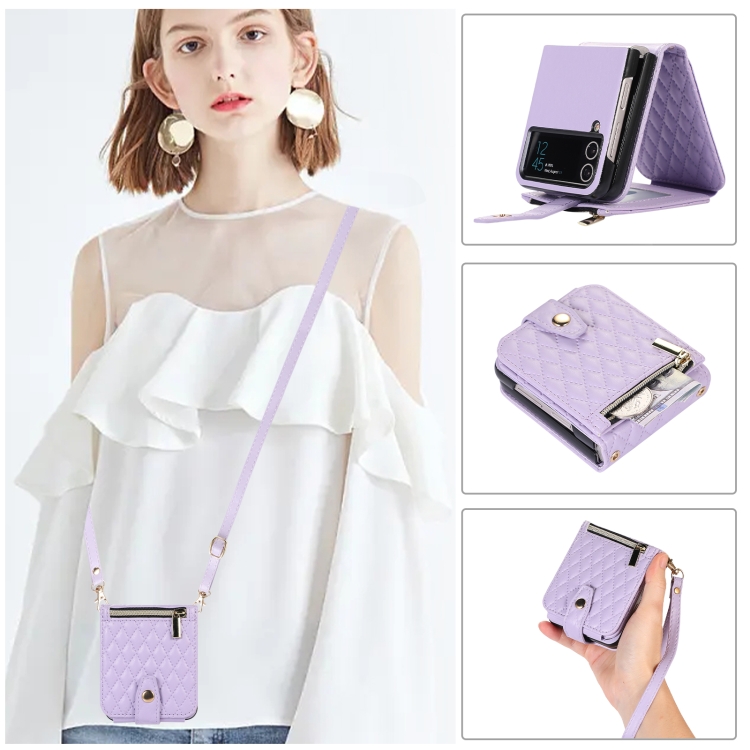 

For Samsung Galaxy Z Flip4 Crossbody Diamond Lattice Folding Leather Phone Case(Purple)