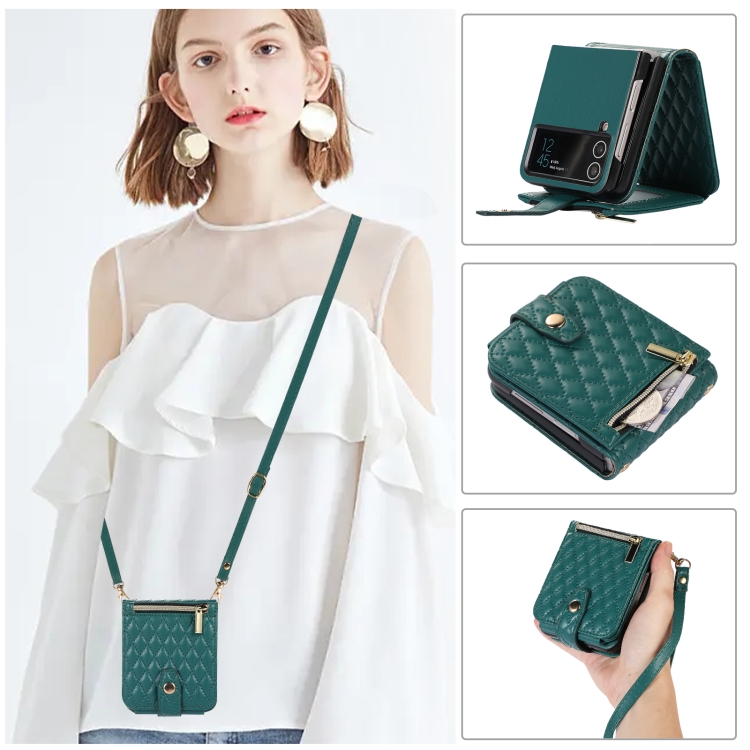 

For Samsung Galaxy Z Flip4 Crossbody Diamond Lattice Folding Leather Phone Case(Dark Green)