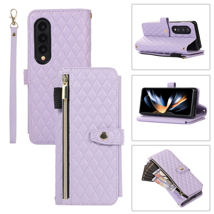 

For Samsung Galaxy Z Fold4 Crossbody Diamond Lattice Folding Leather Phone Case(Purple)