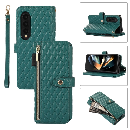 

For Samsung Galaxy Z Fold4 Crossbody Diamond Lattice Folding Leather Phone Case(Dark Green)