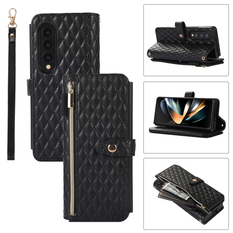 

For Samsung Galaxy Z Fold4 Crossbody Diamond Lattice Folding Leather Phone Case(Black)