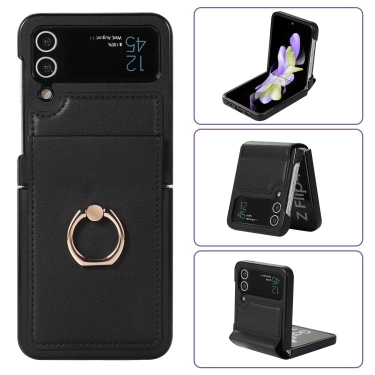 

For Samsung Galaxy Z Flip4 Full Coverage Fold Solid Color PU Phone Case with Ring(Black)