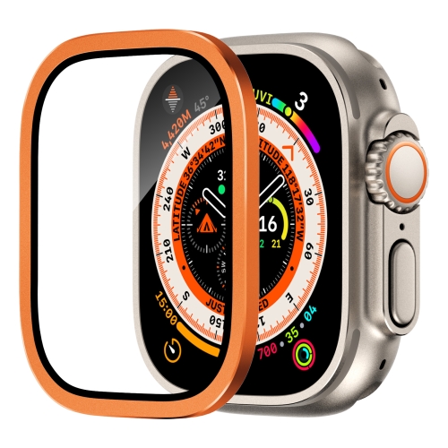 For Apple Watch Ultra 49mm Aluminum Alloy Frame Integrated Tempered Film(Orange) electroplating shockproof pc protective case with tempered glass film for apple watch series 9 8 7 45mm bright black