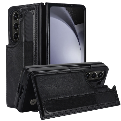 

For Samsung Galaxy Z Fold5 Full Coverage Fold Double Buckle PU Phone Case with Pen Slots(Black)