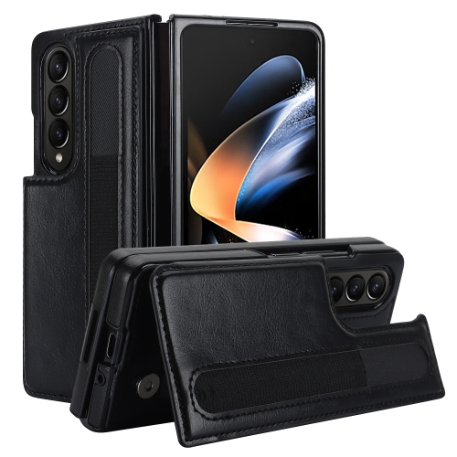 

For Samsung Galaxy Z Fold4 Full Coverage Fold Double Buckle PU Phone Case with Pen Slots(Black)