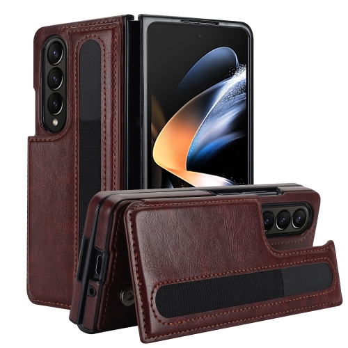 

For Samsung Galaxy Z Fold4 Full Coverage Fold Double Buckle PU Phone Case with Pen Slots(Brown)