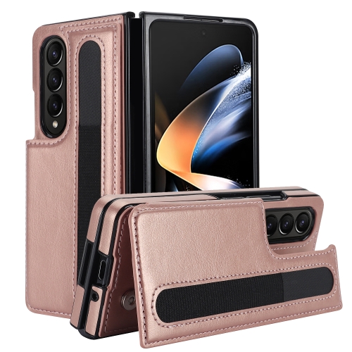 

For Samsung Galaxy Z Fold4 Full Coverage Fold Double Buckle PU Phone Case with Pen Slots(Rose Gold)