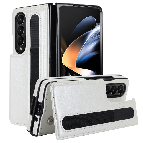 

For Samsung Galaxy Z Fold4 Full Coverage Fold Double Buckle PU Phone Case with Pen Slots(White)
