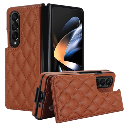 

For Samsung Galaxy Z Fold4 Rhombic Texture Full Coverage Fold Double Buckle PU Phone Case(Brown)