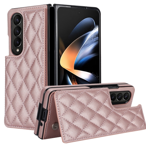 

For Samsung Galaxy Z Fold4 Rhombic Texture Full Coverage Fold Double Buckle PU Phone Case(Rose Gold)