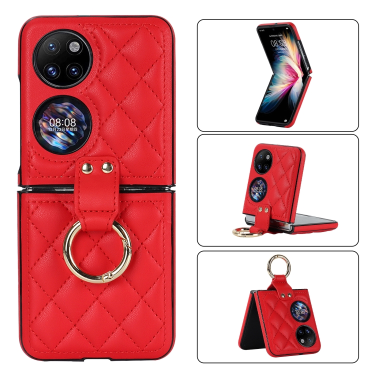 

For Huawei P50 Pocket Rhombic Microfiber Folding Phone Case with Ring(Red)