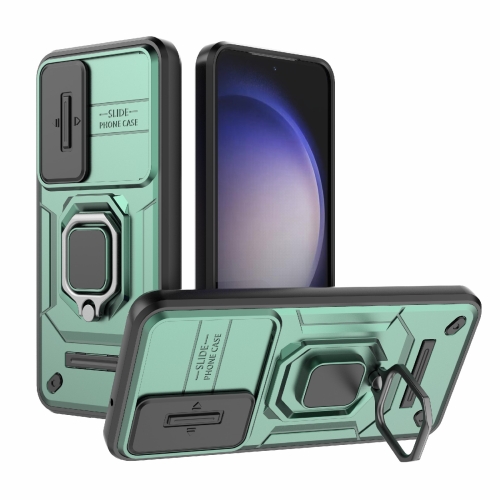 

For Samsung Galaxy S23 5G Sliding Camshield TPU + PC Shockproof Phone Case with Holder(Green)