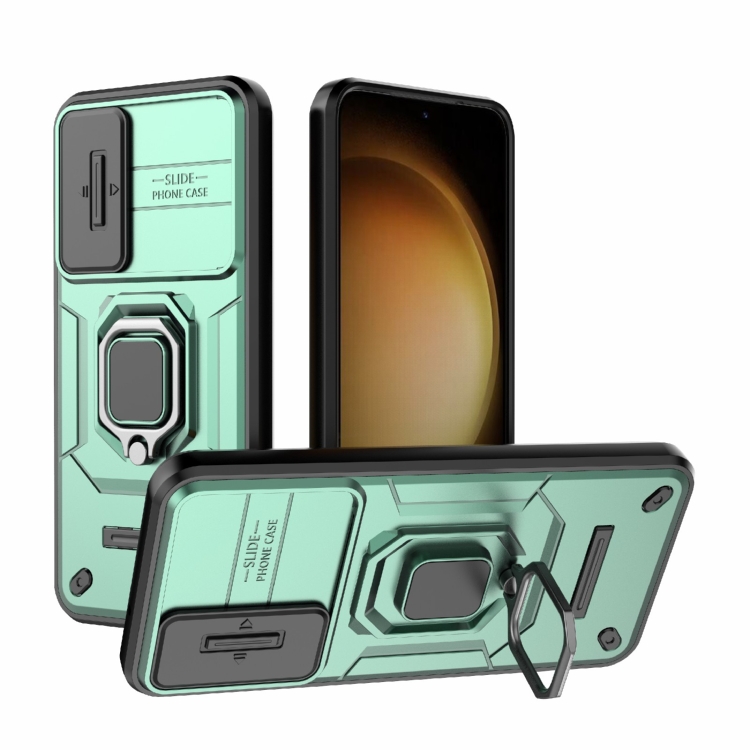 

For Samsung Galaxy S23+ 5G Sliding Camshield TPU + PC Shockproof Phone Case with Holder(Green)
