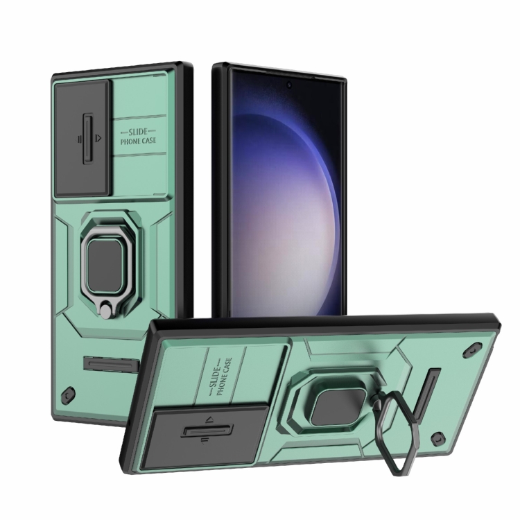

For Samsung Galaxy S23 Ultra 5G Sliding Camshield TPU + PC Shockproof Phone Case with Holder(Green)