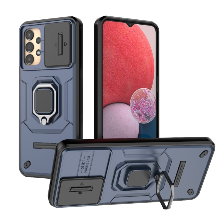 

For Samsung Galaxy A13 5G Sliding Camshield TPU + PC Shockproof Phone Case with Holder(Blue)