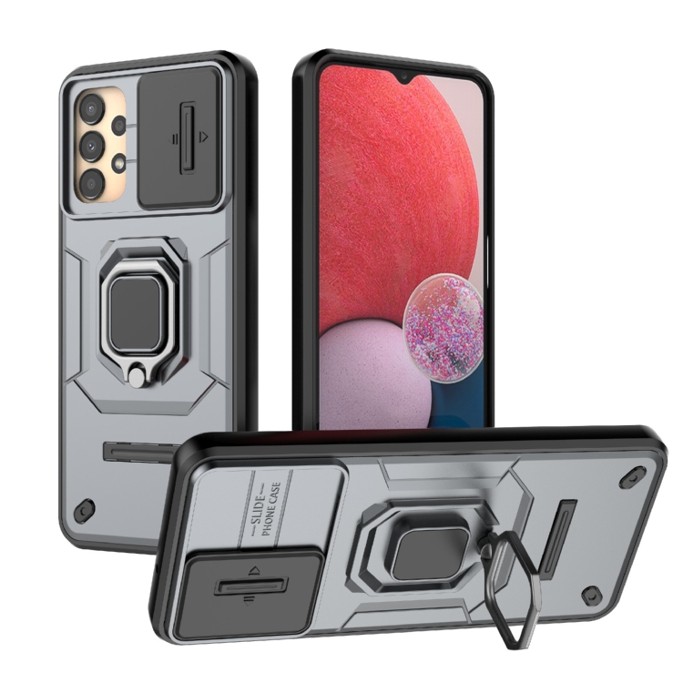 

For Samsung Galaxy A13 4G Sliding Camshield TPU + PC Shockproof Phone Case with Holder(Grey)