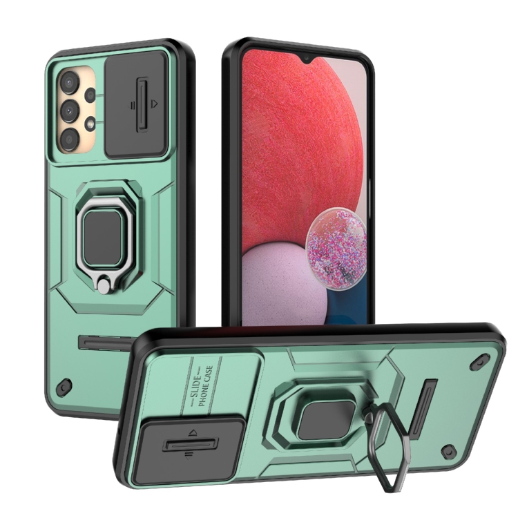

For Samsung Galaxy A13 4G Sliding Camshield TPU + PC Shockproof Phone Case with Holder(Green)