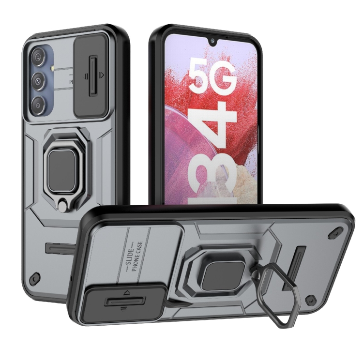 

For Samsung Galaxy M34 5G India Sliding Camshield TPU + PC Shockproof Phone Case with Holder(Grey)