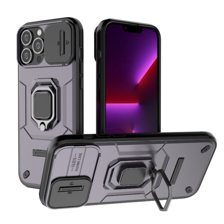 

For iPhone 13 Pro Max Sliding Camshield TPU + PC Shockproof Phone Case with Holder(Purple)