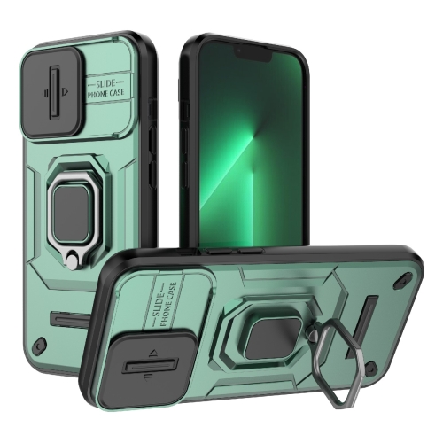 

For iPhone 13 Pro Sliding Camshield TPU + PC Shockproof Phone Case with Holder(Green)