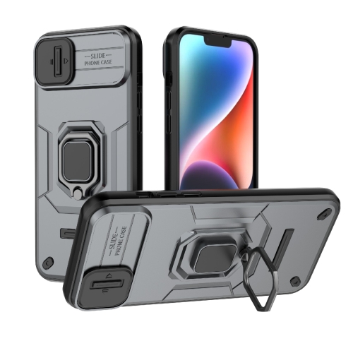 For iPhone 14 Plus Sliding Camshield TPU + PC Shockproof Phone Case with Holder(Grey) silicone remote control for case for lg akb74915305 akb75095307 akb75375604 remote cover shockproof washable holder
