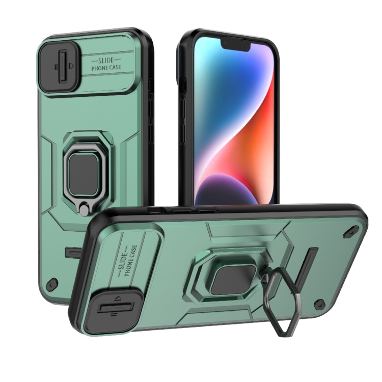 

For iPhone 14 Plus Sliding Camshield TPU + PC Shockproof Phone Case with Holder(Green)