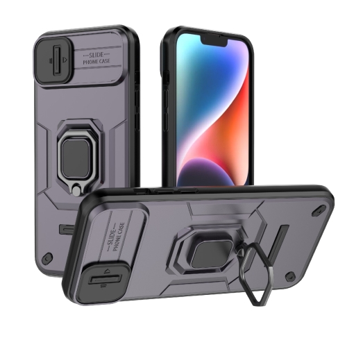 

For iPhone 14 Plus Sliding Camshield TPU + PC Shockproof Phone Case with Holder(Purple)