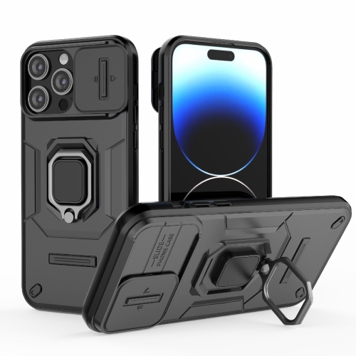 For iPhone 14 Pro Max Sliding Camshield TPU + PC Shockproof Phone Case with Holder(Black) shockproof anti scratch silicone case protective cover style bones model for airtag dark blue