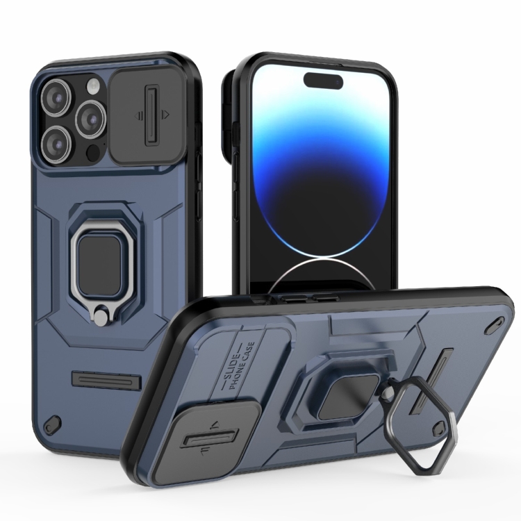 

For iPhone 14 Pro Max Sliding Camshield TPU + PC Shockproof Phone Case with Holder(Blue)