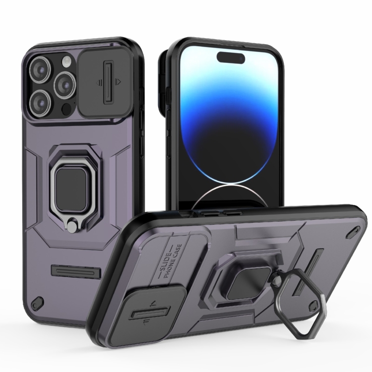 

For iPhone 14 Pro Max Sliding Camshield TPU + PC Shockproof Phone Case with Holder(Purple)